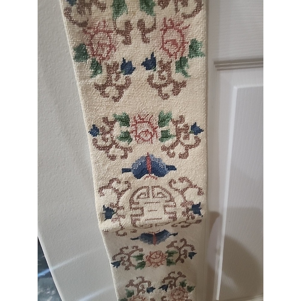Vintage Wall Hanging Vertical Tapestry Needlepoint Handmade Flowers Asian -Great - Picture 3 of 9